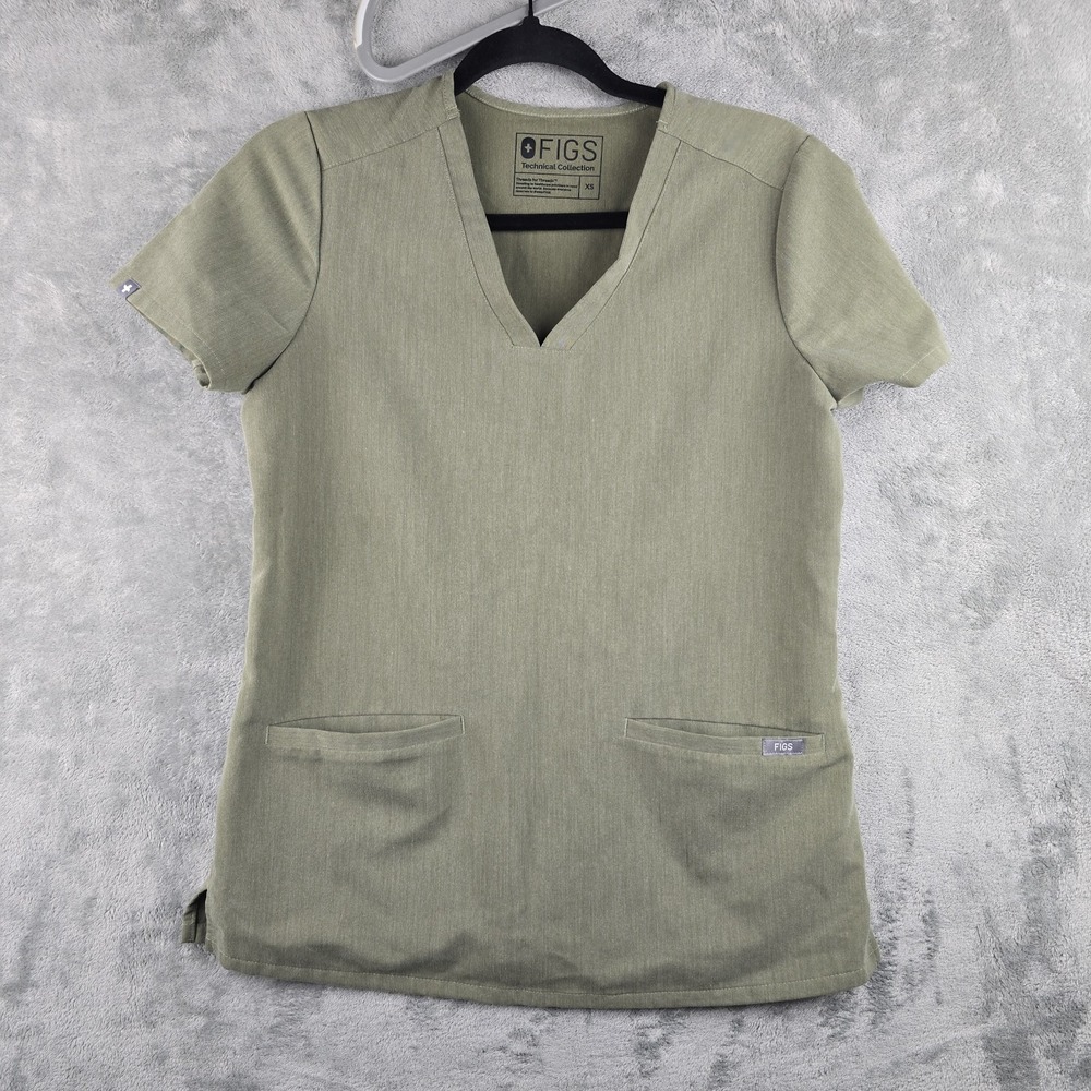 Figs Casma Three Pocket Scrub Top Womens XS Olive Green Short Sleeve V‎ neck